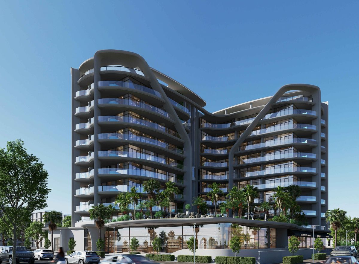 Curved balcony residential building with landscaped podium and street view, Al Barsha South Third, Dubai